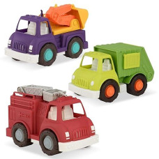 Battat- Wonder Wheels- 3-Piece Toy Truck Set - Fire Truck, Recyling Truck, Excavator Truck - Toy Emergency Vehicles- Recyclable Materials - 1 Year +