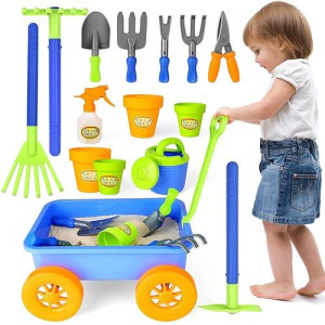 Deao Kids Garden Wagon Wheelbarrow And Gardening Tools Play Set Includes 10 Accessories And 4 Plant Pots,Great Outdoor Toddler Toys Kids Gardening Set