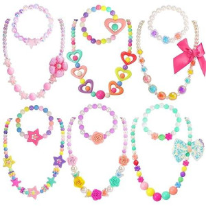 Pinksheep Kids Classic Jewelry, 6 Sets Of Beaded Necklaces And Bracelets For Girls, Favors Bags For Girls Jewelry (Classic)