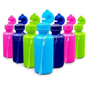 4E'S Novelty Bulk Water Sports Bottles For Kids (12 Pack) 18 Oz Squeeze Reusable Plastic Neon Colors Water Bottle, Bpa Free, Kids Water Bottles Party Favor Gift Giveaways