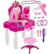 Prextex Kids Makeup Table With Mirror And Chair, Princess Play Set, Kids Makeup Vanity Table With Makeup Accessories And Light And Musical Sound Effects For Toddler Girls (Plastic)