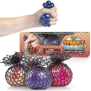 Yoya Toys Sparkly Mesh Balls - Fidget Stress Ball - Colorful Soft Squishy - Mental Stimulation, Clarity, Focus Tool - Fun Squishies - 3 Pack