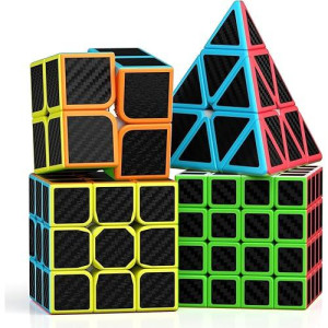 Roxenda Speed Cube Set, Speed Cube Bundle Of 2X2 3X3 4X4 And Pyramid Cube Smoothly Magic Cubes Collection For Kids Teens & Adults [4 Pack] (Carbon Fiber)