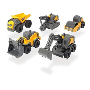 Dickie Toys 203722008 Volvo Micro Workers, 5-Piece Toy Set, Excavator, Construction Site Set, Construction Vehicles, Construction Site Vehicles, Gift Set, For Children From 3 Years, Yellow/Grey