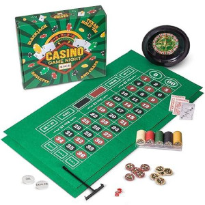 Brybelly Casino Night 4-In-1 Complete Game Set With Felts, Wheel, 100 Chips, Dice & Cards For Blackjack, Craps, Roulette & Texas Hold'Em - Green Felt Double Sided Casino Tabletop Gaming Mat