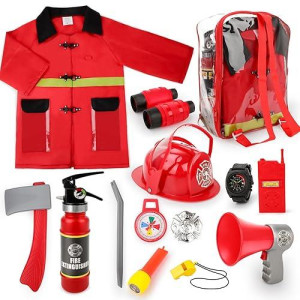 Deao Fireman Costume For Kids, 13 Pcs Fire Fighter With Toys Accessories Set With Washable Storage And Extinguisher, Kids Fireman Dress Up Clothes Pretend Play Toy Birthday Gifts For Boys Girls