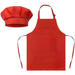 Sunland Kids Apron And Hat Set Children Chef Apron For Cooking Baking Painting Red (M:6-12 Years)