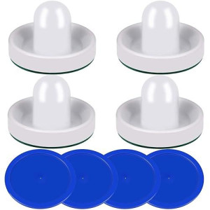 One250 Air Hockey Pushers And Blue Air Hockey Pucks, Goal Handles Paddles Replacement Accessories For Game Tables (4 Striker, 4 Puck Pack) (White)