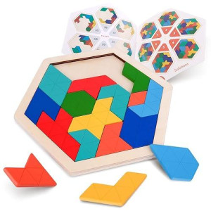 Vanmor Wooden Tangrams Sets Pattern Blocks, Shape Card Brain Teaser Puzzles Educational Toy, Travel Games For Kids Ages 4-8 Road Trip Essentials