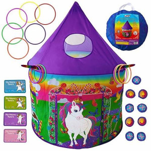 Playz Unicorn Toys Kids Play Tent For Girls With Unicorn Ring Toss, Candy Board Game, & Tic Tac Toe - Indoor & Outdoor Pop Up Playhouse Set For Kids Birthday Party Favors & Gifts For Baby And Toddlers