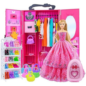 Ecore Fun Fashion Doll Closet Wardrobe For Doll Clothes And Accessories Storage - Lot 102 Items Include Clothes, Dresses, Shoes, Bags, Necklace, Shoes Rack, Hangers For 11.5 Inch Girl Doll Clothes