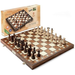 Wegiel Handmade Junior European International Chess Set - 16 Inch Luxury Wooden Chess Set For Adults And Kids, Premium Beech And Birch Wood - Unique Folding Design With Storage