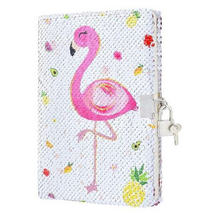 Wernnsai Sequins Flamingo Kids Diary - Girls Diary With Lock Notebook Journal For Kids Girls Birthday Christmas Valentine Gift Diy Reversible Sequins Travel School A5 Secret Diary