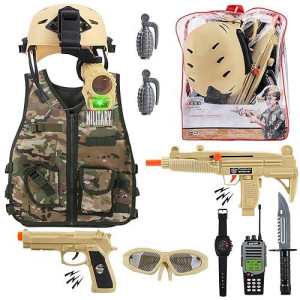 Deao Army Costume For Boys, Military Soldier Gear Accessories With Uniform Helmet And Storage Backpack Halloween Army Combat Costume Police Set Dress Up Toys For Kids Girls