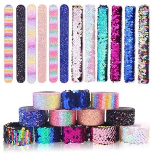 Vgoodall 12 Pcs Glitter Slap Bracelet For Kids Sequin Mermaid Bracelet Wristband For Birthday Party Favors Supplies