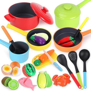 GILOBABY Red Play Kitchen Set with Food, Pots & Utensils