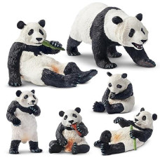 Toymany 6Pcs Panda Figurines Toy, Plastic Jungle Panda Animal Figurine Family Set With Bamboo & Baby Pandas, Cake Topper Gift Panda Diorama Habitat Project Supplie For Kids