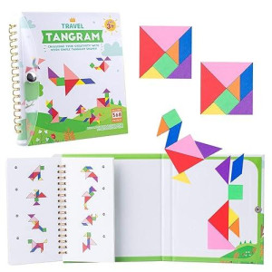 Vanmor Travel Tangram Puzzle With 2 Sets Magnetic Plate-Montessori Shape Pattern Blocks Jigsaw Road Trip Games With 368 Solution - Iq Book Educational Toy Brain Teaser Gift For Kids Adults Challenge