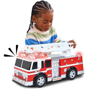 Sunny Days Entertainment Maxx Action 12’’ Large Fire Truck - Lights And Sounds Vehicle With Extendable Ladder | Motorized Drive And Soft Grip Tires | Red Firetruck Toys For Kids 3-8