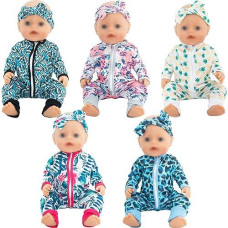 Sotogo 5 Sets Doll Clothes Outfits Jumpsuits With 5 Headbands For 14 To 17 Inch New Born Baby Doll, 15 Inch Baby Doll And American 18 Inch Doll Clothes And Accessories