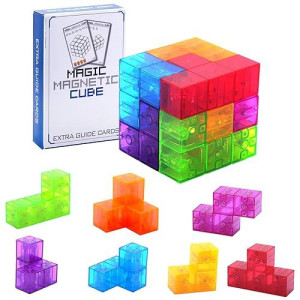 Worwoder Kids Magnetic Building Blocks Magic Magnetic 3D Puzzle Cubes, Set Of 7 Multi Shapes Magnetic Blocks With 54 Guide Cards, Intelligence Developing And Stress Relief Fidget Toys For Kids (Blue)