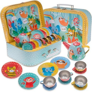 Jewelkeeper Jungle Design 15-Piece Kids Tea Set with Case