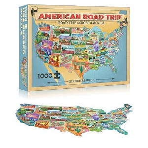 Tdc Games Usa-Shaped Puzzle For Adults 1000 Piece, Roadtrip Art Design - 31" Wide Large Challenging & Educational Map Puzzle Game For Family Game Night, House Party & More, Travel-Friendly