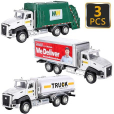 G.C 3 Pack Diecast Transport Vehicles Truck Toys Set Garbage Truck Tanker Delivery Truck 1:50 Scale Pull Back Metal Model Car Toys For Boys