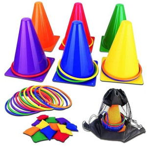 Unanscre 31Pcs 3 In 1 Carnival Outdoor Games Combo Set For Kids, Soft Plastic Cones Bean Bags Ring Toss Game, Gift For Birthday Party/Xmas