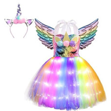 Viyorshop Girls Unicorn Costume Led Light Up Tutu Dress Up Birthday Gifts Princess Dress For Halloween Party(Rainbow Sequins, 5-6 Years)