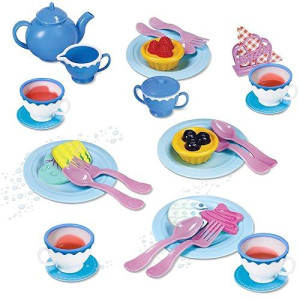 Kidzlane Play Tea Set For Little Girls - Kids Tea Party Set With Water Activated Color Changing Tea Cups And Cookies - 34 Piece Tea Party Set For Little Girls - Toy Tea Set - Dishwasher Safe Plastic