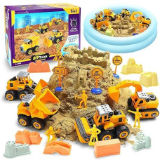 Yidestars Play Construction Sand Kit,2.2Lbs Magic Sand W/4 Large Take Apart Construction Trucks,1 Sandbox,8 Worker Figures And Road Signs,8 Molds,Toys For 2-8 Years Old Boys Girls