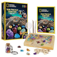 National Geographic Semi-Precious Gemstone Dig Kit For Kids - 15 Gems Including Amethyst, Garnet, Opal, Blue Topaz, And More