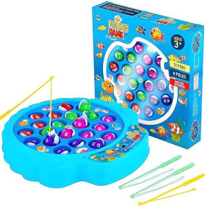 Ipidipi Toys Fishing Game For Kids, Hook Fishing Game For Toddlers - 21 Fish, 4 Poles Fishing Toy - Rotating Fish Board Game With Music, Educational, Fine Motor Skill Toys For Boys And Girls, Blue