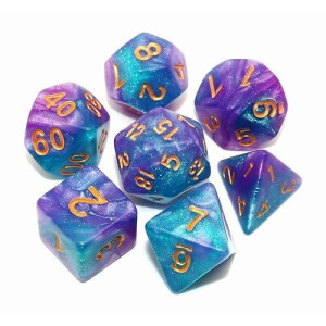 CREEBUY Lake Blue & Purple Glitter DND Dice Set for RPG Games