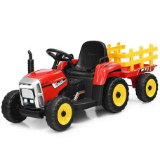 Costzon Ride On Tractor With Detachable Trailer, 12V Kids' Electric Vehicles W/3-Gear-Shift Ground Loader, Wireless Design & Usb, 7 Led Headlights, Remote Control Tractor Toys For Kids 3+ (Red)