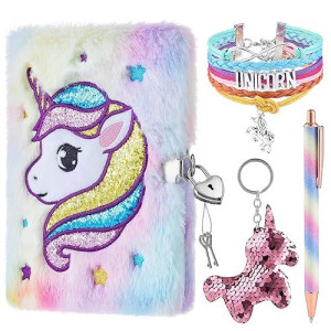 Wernnsai Unicorn Diary With Lock, Gift For 6 7 8-12 Years Old, Plush Secret Diary Journal Kit For Travel Notebook Notepad Birthday Christmas Gift