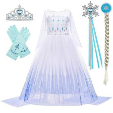 Bankids Snow Queen Act 2 Costumes Princess Dresses For Girls With Wig,Crown,Magic Wand,Gloves Accessories 7-8 Years(140,K11)