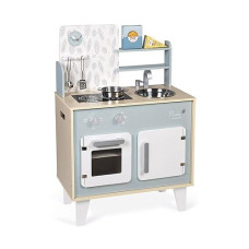 Janod Retro Plume Mint 30” Wooden Kitchen With 5 Accessories And Sound Effects - Ages 3+ - J06608