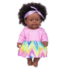 Zqdoll 11.8 Inch Black Baby Girl Doll And Clothes Set African American Realistic Soft Silicone Washable Dark Skin Baby Doll With Cute Curly Hair And Rainbow Color Dress-Best Gift For Kids Girls