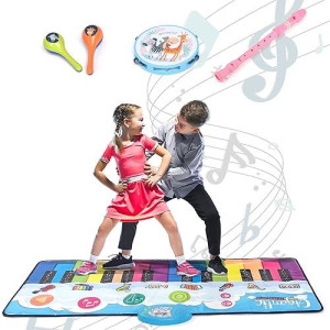 Floor Piano Mat For Kids - Large 4Ft. Portable Play Mat - 24 Keys, 8 Inbuilt Sounds - Completed Set With 2 Maracas, Tambourine, And Flute - Ideal Gift For Ages 3+ - Non-Slip, Compact & Portable - Usa