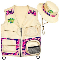 Safari Kidz Outdoor Explorer Kit - Pink Camouflage Cargo Vest And Hat Set, Backyard Nature Adventures, Washable Costume