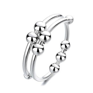 Silver Adjustable Fidget Rings, Anxiety Relief Ring, Anti-Worry Bead Rings Spinner Ring Gift For Women Men