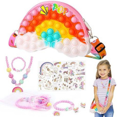 Vanblue Pop Purse For Girls Toys Christmas Gifts Birthday Sensory Fidget Gifts Set Rainbow Cloud Toddler Fidget Purse Bag With Jewelry Toy Set Unicorn Temporary Tattoos Gifts For Kids Party Favors