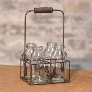 CWI Wire Rooster Carrier with 4 Bottles - Rustic Decor