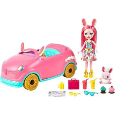 Enchantimals Bunnymobile Small Doll & Toy Car Playset With 10 Accessories Including Bunny Figure & Travel Gear, Pink Convertible Vehicle