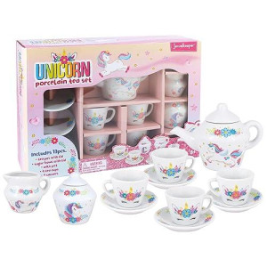 Porcelain Tea Set For Girls - Pink Ceramic Tea Cups With Pink Box - Tea Glass Toy For Kids And Girls Tea Party - Ideal Gift For Toddlers And Children'S Ages 3 Years Old - Unicorn Design, 13 Pieces