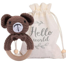 Youuys Wooden Baby Rattle Toys, Easter Rattle For Baby Crochet Bear Rattle Toy Natural Wood, Shaker Rattle For Hand Grips, Boy Girl First Rattle Gift, Newborn Gifts (Bear)