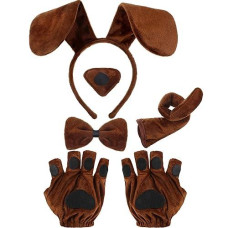 Syhood Puppy Dog Costume Set Kids Dog Ears Headband Bowtie Nose Tail Paw Gloves Puppy Animal Costume For Halloween Carnival World Book Day(Brown,Retro Style)