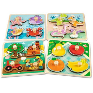 Wooden Toddler Puzzles, Funsland Peg Puzzles Gifts Toys, 4 Pcs Eco Friendly Animal Patterns Jigsaw With Handles, Infant Kid Fine Motor Skill Learning Educational Montessori Puzzles For 1 2 3 Years Old